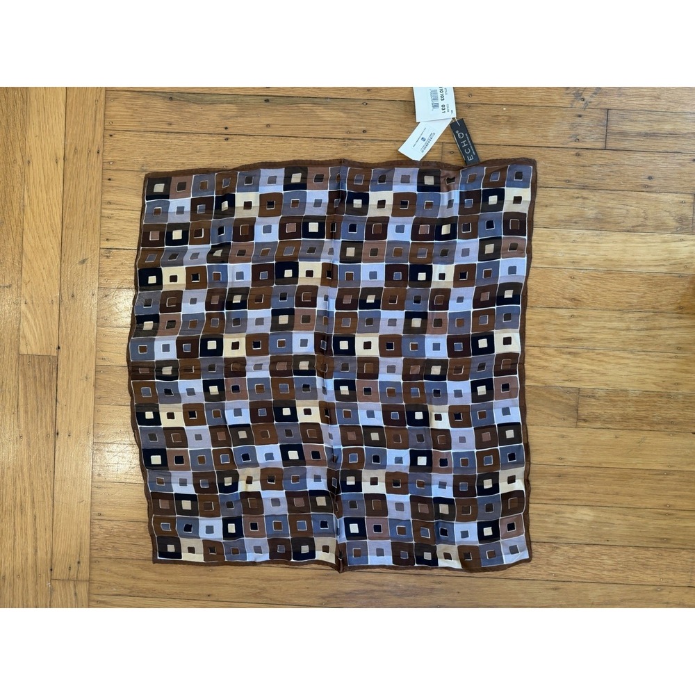Echo 100% Silk Square Scarf NWT Brown Gray Geometric Mod Print Neckerchief